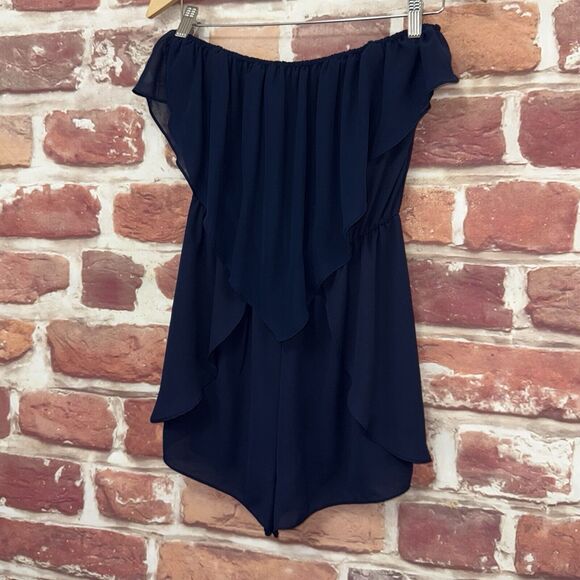 Bcbgeneration Shorts Romper Womens S Blue Sheer Flowy Ruffle Beachy Off Shoulder - Picture 3 of 8